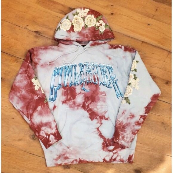 Civil Regime Aqua Marble Rose Hoodie Mens Size Small‎ Tie Dye Embroidered Roses